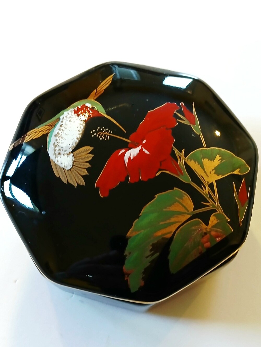 Vintage Decorative Black Hummingbird Floral Trinket Box